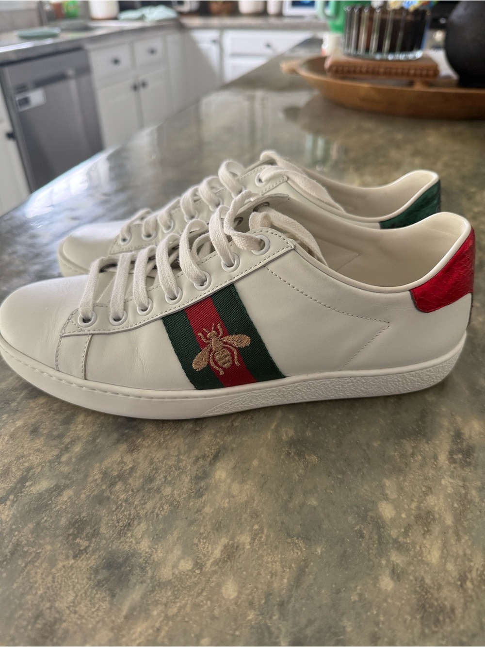 Gucci White Leather Sneakers with Green and Red Web and Gold Bee - Picture 3 of 7